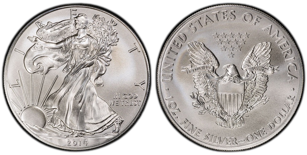 2014 American Silver Eagle dollar showing Walking Liberty obverse design in brilliant uncirculated condition