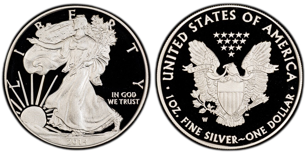 Side-by-side comparison of 2014 Silver Eagle bullion coin versus 2014-W Proof Silver Eagle showing mirror fields and frosted devices