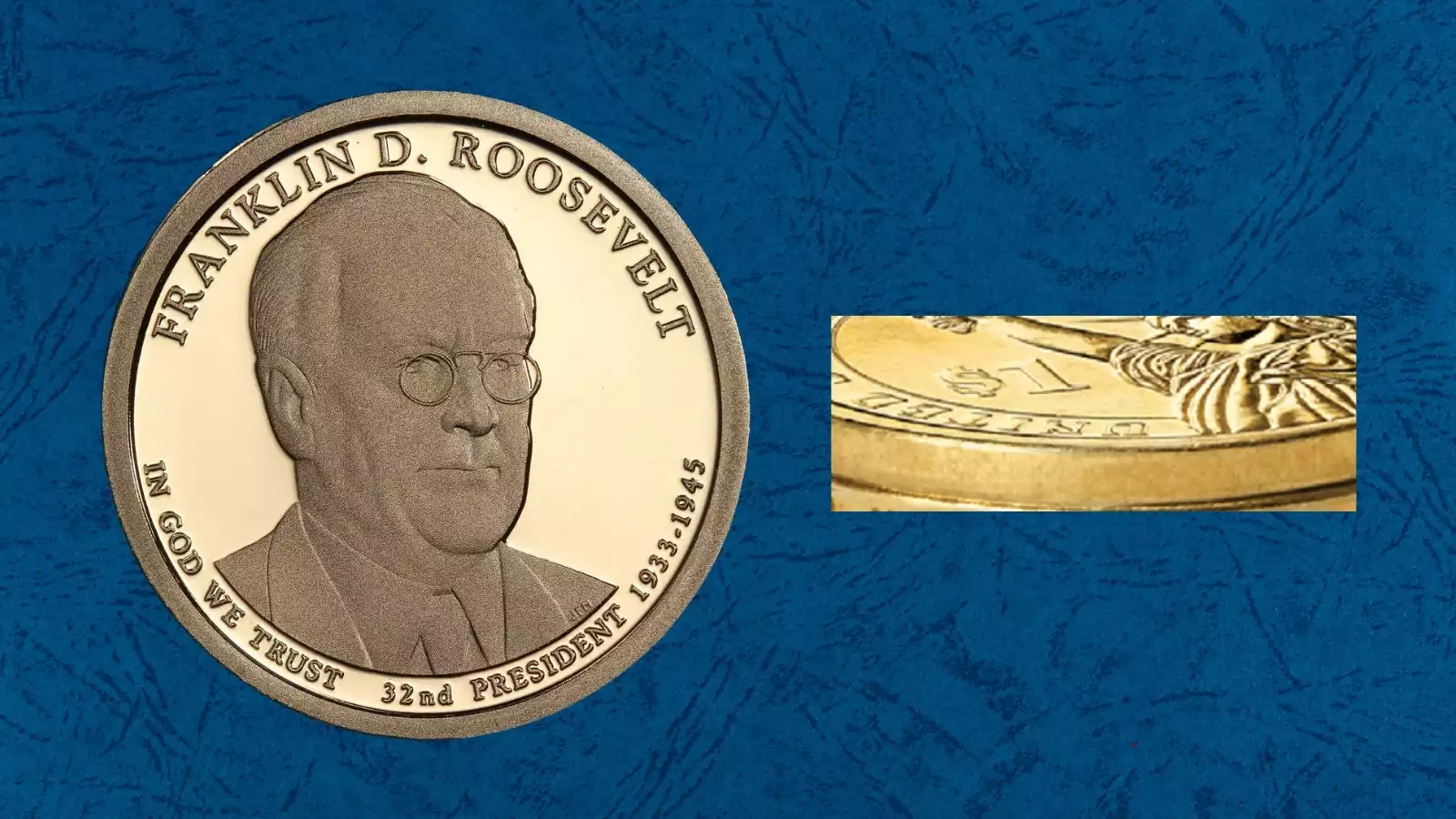 2014 dollar coin showing smooth edge with completely missing edge lettering compared to normal lettered edge