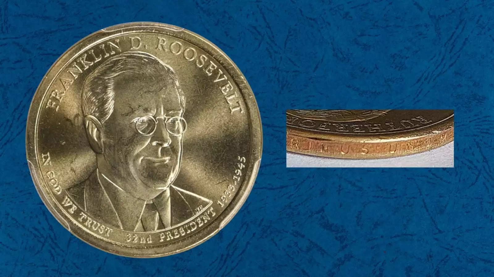2014 dollar coin edge showing weak partially formed edge lettering with faint shallow impressions