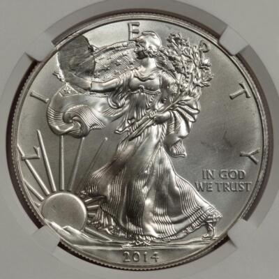2014 American Silver Eagle showing struck-through error with surface depression caused by foreign material between die and planchet