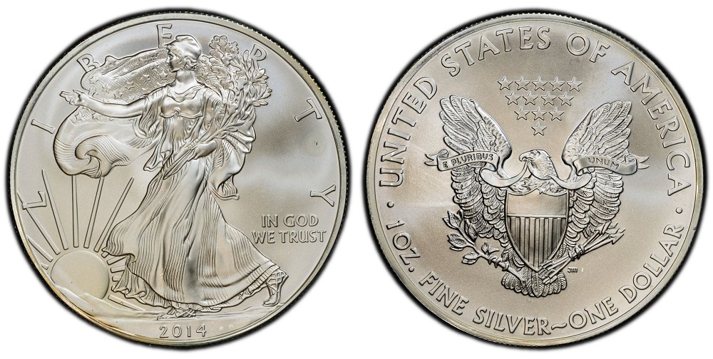 Grading strip showing four 2014 American Silver Eagles in four condition tiers from worn to gem MS70